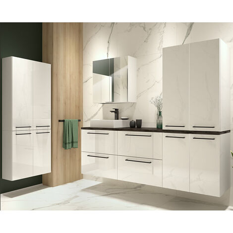 Badezimmer Set in weiß Hochglanz lackiert mit Metallgriffen in schwarz und Beton Dunkel MESSINA-107