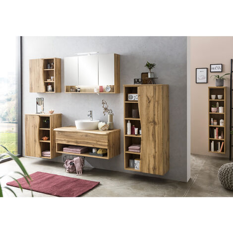 Badezimmer Set in Wotan Eiche Nb. mit Baumkantenoptik KAHLA-03 LED Spiegelschrank und Keramik Waschbecken, B/H/T: ca. 261/200/52 cm