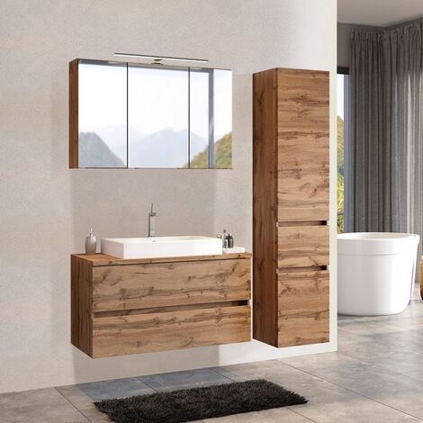 Badezimmer Set inkl. LED Spiegelschrank und Keramik Aufsatzwaschbecken PESARO-03 in Wotan Eiche Nb., B/H/T: ca. 160/200/48 cm
