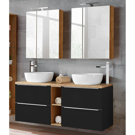 Badezimmer Set mit 2 Keramik-Aufsatzwaschbecken und 2 Spiegelschränken TOSKANA-BLACK-56 seidenmatt anthrazit & Wotaneiche BxHxT ca. 140/190/48cm - schwarz