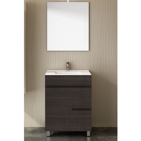 Badezimmer-Set mit 2 Schubladen und zwei Türen – 7 Farben – 15 Maße – inklusive Möbel, Waschbecken und Spiegel – Sinatra Eiche 60x45Cm