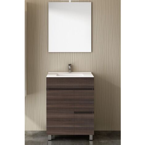 Badezimmer-Set mit 2 Schubladen und zwei Türen – 7 Farben – 15 Maße – inklusive Möbel, Waschbecken und Spiegel – Tea Esche 60x45Cm