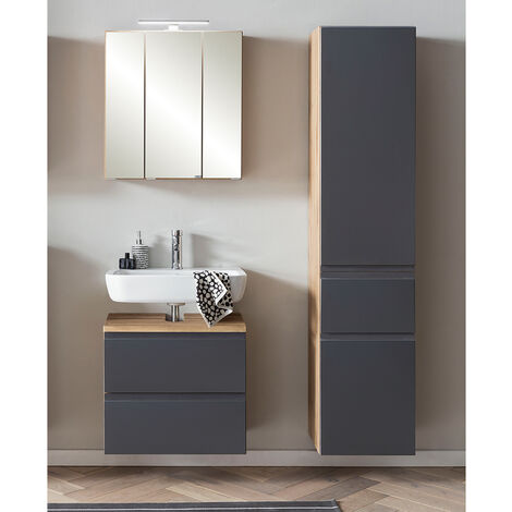 Badezimmer Set mit Aufsatzleuchte, stehend oder hängend, Wotan Eiche Nb. mit matt grau, VASTO-03-GREY, B/H/T ca. 115/200/35 cm