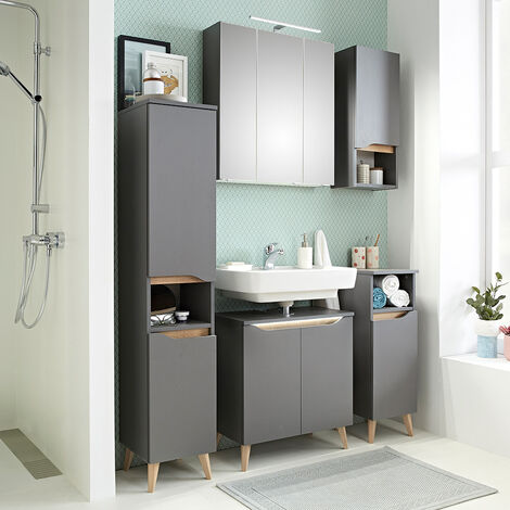 Badezimmer Set mit Füßen in Holzoptik und Griffbeleuchtung QENA-66 in Quarzgrau Matt Touch mit Riviera Eiche Nb., B/H/T ca. 140/190/33 cm