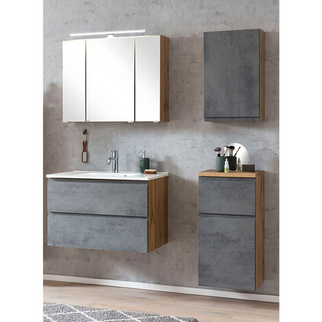 Badezimmer Set mit Waschbecken und LED Beleuchtung, Wotan Eiche Nb. mit Beton Optik, VASTO-03-CONCRETE, B/H/T ca. 135/200/47 cm