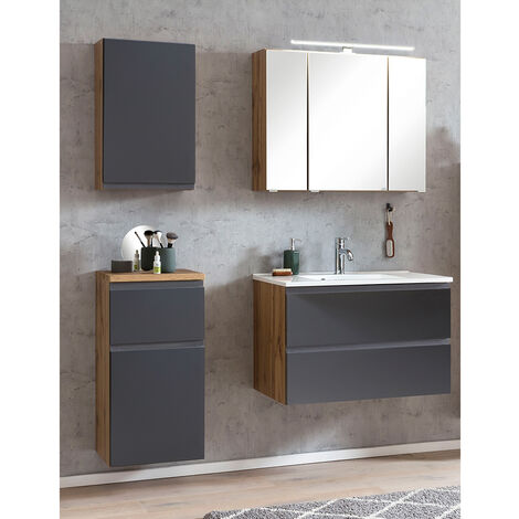 Badezimmer Set mit Waschbecken und LED Beleuchtung, Wotan Eiche Nb. mit matt grau, VASTO-03-GREY, B/H/T ca. 135/200/47 cm