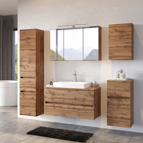 Badezimmer Set PESARO-03 inkl. Keramik Aufsatzwaschbecken und LED Beleuchtung in Wotan Eiche Nb., B/H/T: ca. 220/200/48 cm
