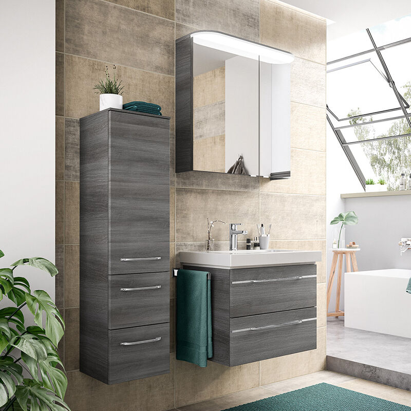 Badezimmer Set, Waschtisch mit Spiegelschrank und Midischrank, led Beleuchtung, Graphit Struktur quer Nb. BUDVA 66, b h t ca. 113 200 44 cm graphit  - Onlineshop ManoMano