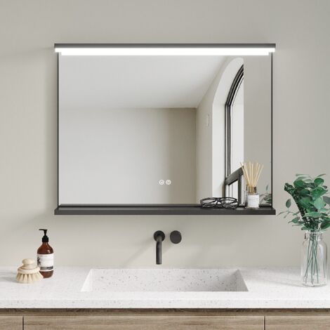 Badezimmer Spiegel mit Ablage 80x60 cm LED Badspiegel mit Beleuchtung, Kaltweiß, Antibeschlag Wandspiegel