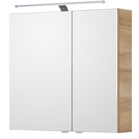 Badezimmer Spiegelschrank, 75cm breit, mit LED Aufbauleuchte in Riviera Eiche quer Nb. SOLINGEN-66, B/H/T ca. 75/70,3/17 cm