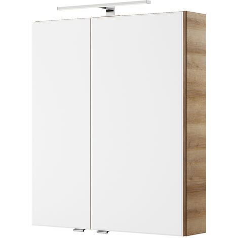 Badezimmer Spiegelschrank mit LED Beleuchtung in Riviera Eiche Nb. VILLATORO-66, B/H/T ca. 60/70,3/14,5 cm