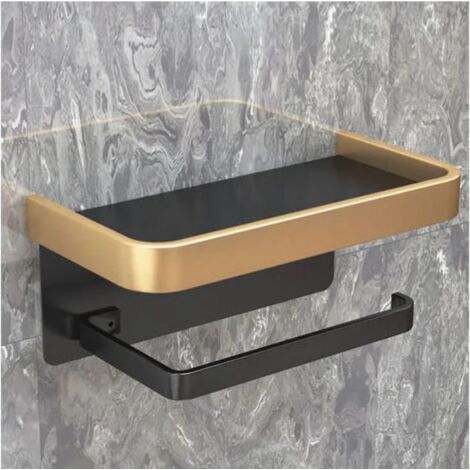 Badezimmer-Toilettenpapierhalter ohne Stanzen, Wandaufhänger, Toilettenpapierrolle (doppellagig, Schwarz und Gold)