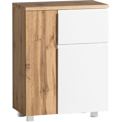 Badezimmer Unterschrank 65cm in Wotan Eiche Nb. mit weiß matt VASTO-03-WHITE, B/H/T ca. 40/79/35 cm