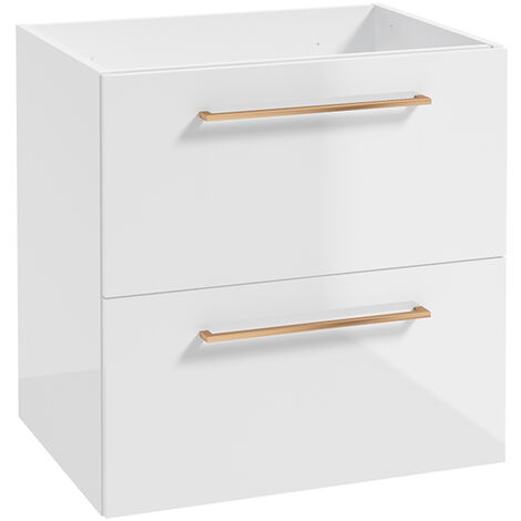 Badezimmer Unterschrank mit 2 Schubladen, 60 cm breit, in weiß Hochglanz mit Metallgriff in kupfer MESSINA-107, B/H/T: ca. 60/60/45 cm