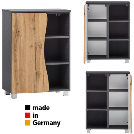 Badezimmer Unterschrank mit Regal KAHLA-03 in graphit und Wotan Eiche Nb. mit Baumkantenoptik, B/H/T: ca. 60/79/35 cm