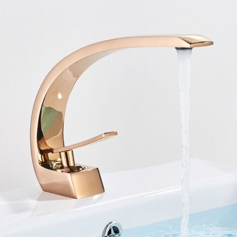 SUGUWORD Badezimmer Waschbecken Wasserhahn gebogene Einzelstange Mischer Badezimmer Waschbecken Wasserhahn Roségold heißes und kaltes Wasser festes Messing