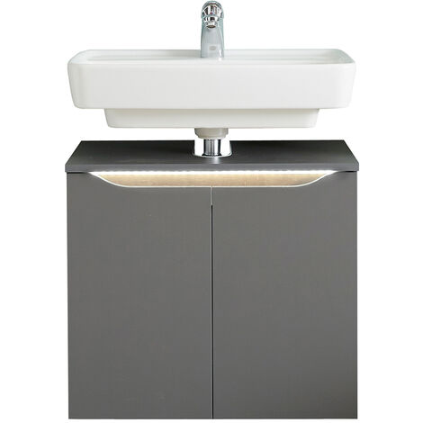 Badezimmer Waschbeckenunterschrank mit Griffbeleuchtung QENA-66 in Quarzgrau Matt Touch mit Riviera Eiche Nb., B/H/T ca. 60/53/33 cm