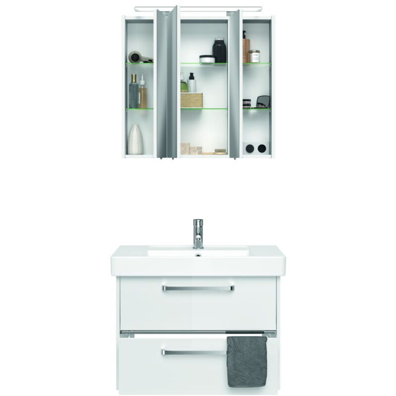 Badezimmer-Waschplatz FES-3050-66 Badmöbel-Set in Hochglanz weiß inkl. Spiegelschrank mit LED - B/H/T: 80/200/45cm