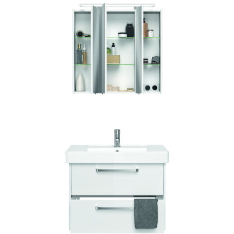 Badezimmer-Waschplatz FES-3050-66 Badmöbel-Set in Hochglanz weiß inkl. Spiegelschrank mit LED - B/H/T: 80/200/45cm