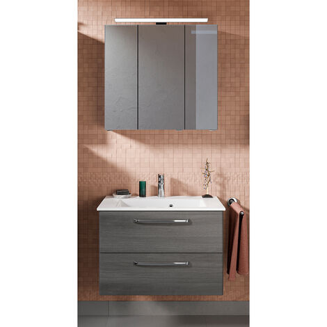 Badezimmer Waschplatz mit Mineralmarmor Waschbecken TRENTO-66 in Graphit Struktur Nb., B/H/T: ca. 77/200/50 cm