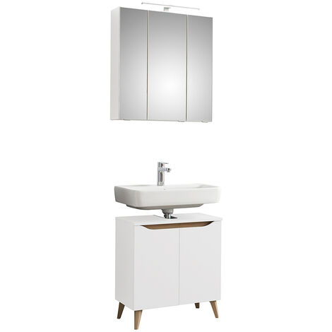 Badezimmer Waschplatz Set mit Füßen in Holzoptik QUEIMADOS-66 in Weiß Glanz mit Weiß Hochglanz, B/H/T ca. 65/200/33 cm
