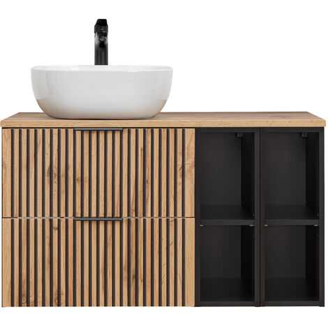 Badezimmer Waschtisch 100 cm schwarz gerillt mit Regalen XANTEN-56 in anthrazit mit Eiche Nb., B/H/T: ca. 100,6/73,7/46,5 cm