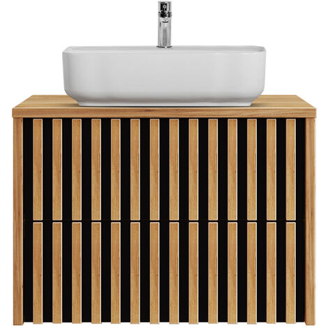 Badezimmer Waschtisch 80 cm mit Keramik Aufsatzwaschbecken LUCCA-107 in Eiche Nb. mit schwarz, B/H/T: ca. 80,4/76,5/45,5 cm