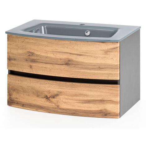 Badezimmer Waschtisch 80 cm Wotaneiche Nb. LAURIA-03  inkl. Glaswaschbecken grau, BxHxT: ca. 80x53x49 cm