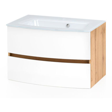 Badezimmer Waschtisch 80 cm Wotaneiche Nb. mit matt weiß LAURIA-03  inkl. Glaswaschbecken weiß, BxHxT: ca. 80x53x49 cm