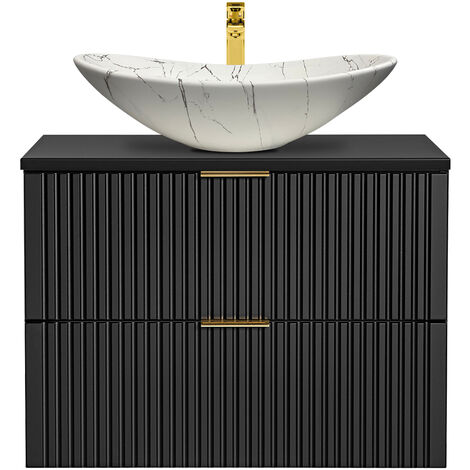 Badezimmer Waschtisch, 81cm, matt schwarz gerillt mit Keramik-Waschbecken weiß marmoriert ADELAIDE-56-BLACK, B/H/T ca. 80,6/74,2/46,5 cm