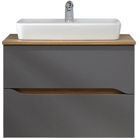 Badezimmer Waschtisch mit Keramik Aufsatzwaschbecken QENA-66 in Quarzgrau Matt Touch mit Riviera Eiche quer Nb., B/H/T ca. 73/62,1/45 cm