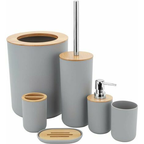 Badezimmer-Zubehör-Set, 6-teiliges Bambus-Badezimmer-Zubehör-Set mit Seifenspender, Zahnbürstenhalter, Toilettenbürste, Seifenschale, Mülleimer (40 l) und Zahnbürstenbecher
