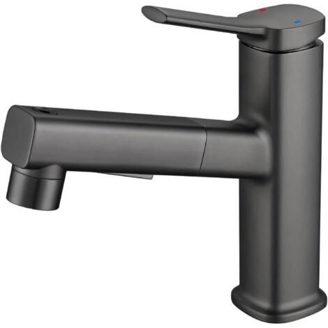 Badezimmerarmatur, drei Wassermodi (Strahl, Jet, Springbrunnen), ausziehbarer Sprüher (grau)