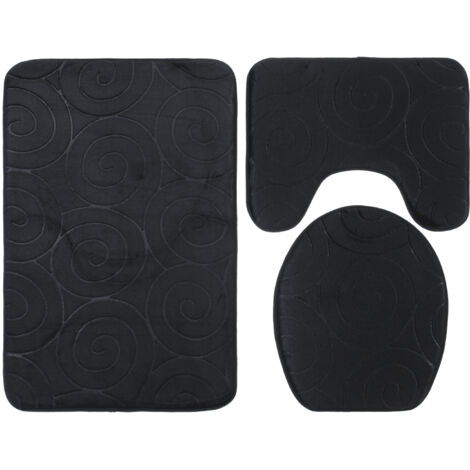 Badezimmermatte [3-teilig] Komplettes Set WC-Deckelmatte, saugfähig, rutschfest, schwarze Polyesterfaser