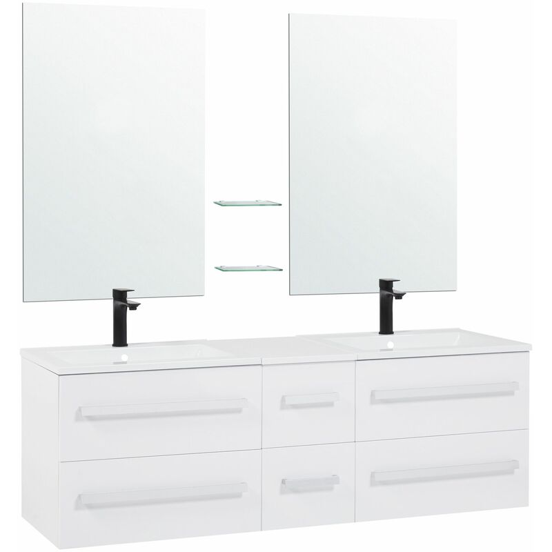 Beliani - Badmöbel Weiß MDF Platte Spanplatte SMC-Kunststoff 48 x 150 x 45 cm Modern Multifunktional Viel Stauraum 2 Spiegel 2 Waschbecken - Weiß