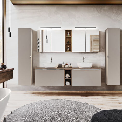 Badezimmermöbel Komplett Set PUEBLA-56-TAUPE in taupe mit Vintage Oak Eiche, B/H/T 270/200/46 cm