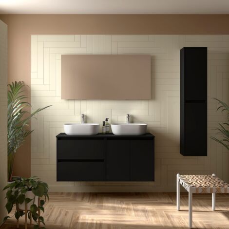 Badezimmermöbel NOJA 1400 2 Türen und 2 Schubladen BLACK SATIN + Waschtisch-Platte