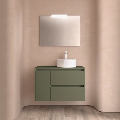 Badezimmermöbel NOJA 850 2 Schubladen und 1 linke Tür GREEN SATIN + Waschtisch-Platte