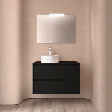 Badezimmermöbel NOJA 850 2 Schubladen und 1 rechte Tür BLACK SATIN + Waschtisch-Platte