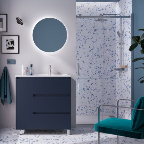 Badezimmermöbel NOJA 850 3 Schubladen und 1 linke Tür BLUE SATIN + Waschtisch + Spiegel
