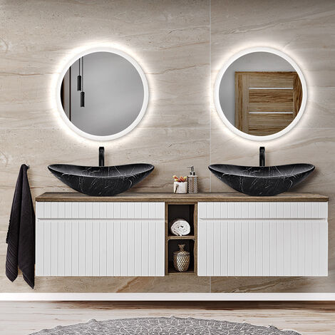 Badezimmermöbel Set 180cm Waschtischunterschrank mit 2 Aufsatzwaschbecken, 2 LED Spiegel IRAKLIO-56 in weiß matt mit Vintage Eiche Nb., B/H/T: ca. 180,4/200/46 cm