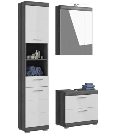 Badezimmermöbel Set 3-teilig modern in Hochglanz weiß mit grau SIROCO-158