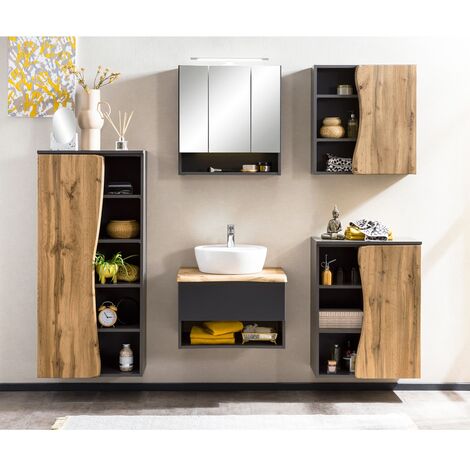 Badezimmermöbel Set in anthrazit und Wotan Eiche Nb. mit Baumkantenoptik KAHLA-03 LED Spiegelschrank und Aufsatzwaschbecken, B/H/T: ca. 221/200/52 cm