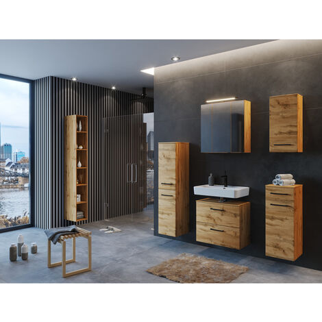 Badezimmermöbel Set in Wotan Eiche Nb. MORISSON-03 mit Spiegelschrank inkl. LED Aufbauleuchte, B/H/T: ca. 235/200/35 cm