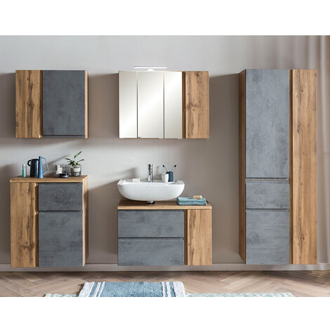 Badezimmermöbel Set, stehend oder hängend, in Wotan Eiche Nb. mit Beton Optik, VASTO-03-CONCRETE, B/H/T ca. 245/200/35 cm