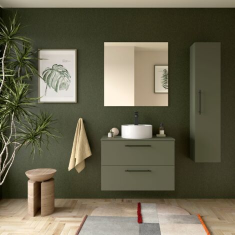 Badezimmermöbel SILANE 800 2 Schubladen GREEN SATIN + Waschtisch-Platte