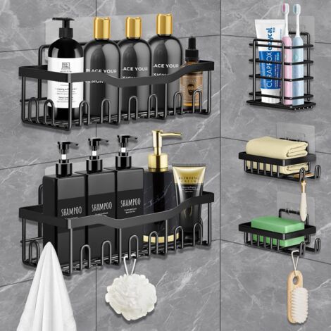 Badezimmerregal, Badezimmerregal ohne Bohren, 5er-Pack Edelstahl-Duschregal mit Haken und Zahnpastahalter, geeignet für Badezimmer, Schlafzimmer, Küche, Schwarz