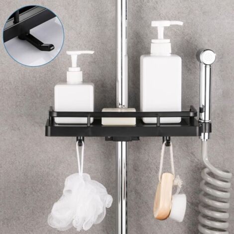 Badezimmerregal, Duschablage mit Seifenhalter ohne Bohren, Duschkorb mit Duschkopfschlaufe und Haken, rostfreier Aufbewahrungshalter für 24- und 25-mm-Duschköpfe