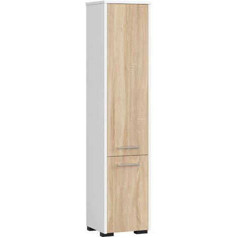 Badezimmersäule AKORD FIN Weiß 30 cm 2 Türen 5 Ebenen Front Sonoma-Eiche B30 x H140 x T30 cm