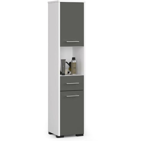 Badezimmersäule AKORD FIN Weiß 30 cm 2 Türen Schublade 5 Ebenen Front Graphitgrau B30 x H140 x T30 cm
